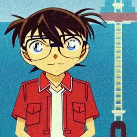 <conan>, glasses, 1boy, solo, male focus, blue eyes, brown hair, black-framed eyewear, closed mouth, shirt, male child, white shirt, smile, jacket, :d, looking at viewer, child, holding, collared shirt, blue background, dress shirt, pants, bangs, sleeves rolled up, jacket removed, ferris wheel, holding clothes, standing, short hair