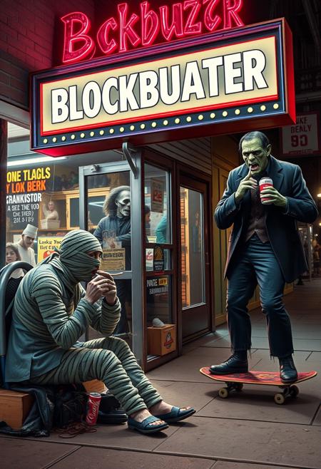 outside a blockbuster, 20 years mummy smoking a cigarrette sitting on the sidewalk, 18 years old dracula  watching her telephone, 21 years old werewolf on a skateboard doing tricks, frankenstein stand drinking a soda