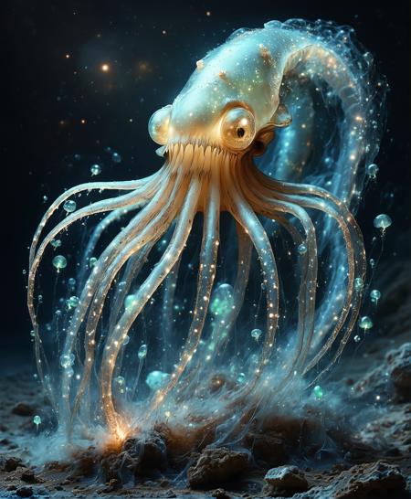 glowinglora, An divine deep-space entity with razor-sharp teeth and iridescent scales glides with serene elegance through liquid space.  Its long, luminescent tentacles spiral outwards, gracefully ensnaring translucent, bioluminescent beings in a delicate, mesmerizing capture. The scene is bathed in soft, otherworldly glows, emphasizing the creature's majestic, haunting presence against the infinite cosmic abyss. <lora:glowing_and_light_particles_sd3.5-000010:0.7000000000000002>