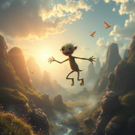 A really happy skinny fleshy monster thing flying through a mystical wonderful land