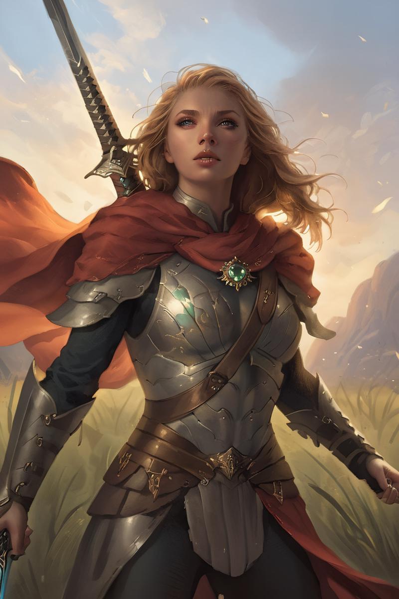 "A female warrior with a sword and a red cape, standing in a field."