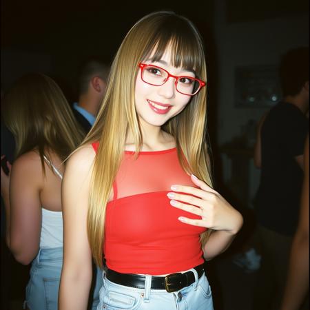 Japanese culture style, emotional photo, 35mm film, soft focus.
The photo is of a fair-skinned  with long, straight hair that comes up to her shoulders. She wearing red-rimmed glasses, a tight red see-through top, and light-colored denim shorts with a black belt. One hand caressed over her breast. The scene appears to be dim, possibly a nightclub or party, as can be seen from the blurred background of the figure. The photo has a casual, stilted feel, with a hint of smoke adding a dark edge.
She has a charming smile and looks very happy. She has beautiful dark eyes with long eyelashes and is staring at the viewer. She wore red eyeshadow and lipstick.