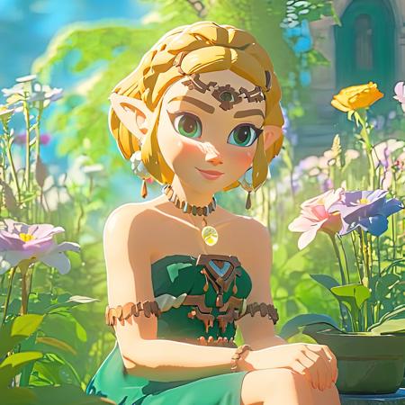 professional 3d model a green eyes girl like totkzelda wearing bare shoulder zonai dress Sitting in the middle of the flowers,short blond hair,solo,<lora:xl_totkz:0.95>,
detailed background, sunny day,smiling, <lora:SamaritanEsdxl:0.5> . octane render, highly detailed, volumetric, dramatic lighting