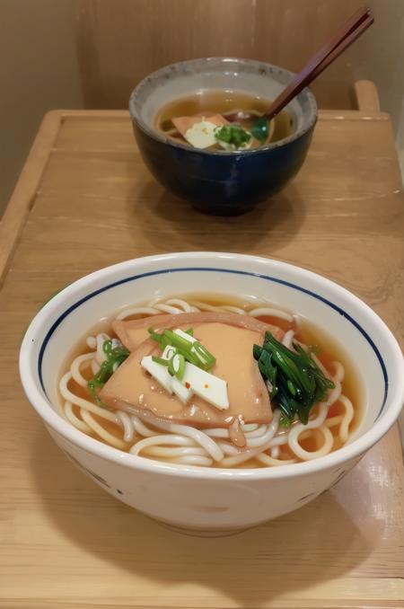 kitsuneudon, noodles, food, chopsticks, food focus, bowl, still life, realistic, blurry, table