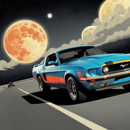 comic A t-shirt design, An 80's retro design of a mustang driving on the road with a large moon in the background, vector art . graphic illustration, comic art, graphic novel art, vibrant, highly detailed