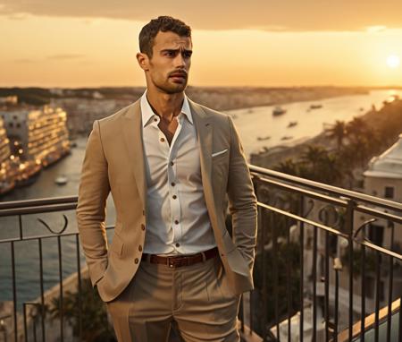 Nautical-themed (Photo:1.3) of (Ultrarealistic:1.3) <lora:Man_Men_FFashion:1> Gerard Piqu a man <lora:Theo-James_Gerard-Piqu:0.9> in a tan suit standing on a balcony, sun behind him, inspired by Pablo Munoz Gomez, shot at golden hour, editorial photograph, midshot of a hunky, by Roman Bezpalkiv, by Artur Tarnowski, maxim sukharev, by Gabor Szikszai,Highly Detailed,(Mono Color:1.3) . Sea, ocean, ships, maritime, beach, marine life, highly detailed