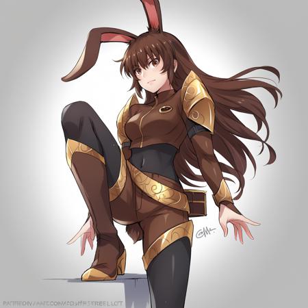 Velvet_RWBY  Rabbit ears, brown hair, thighhigh boots, black body suit, brown armor