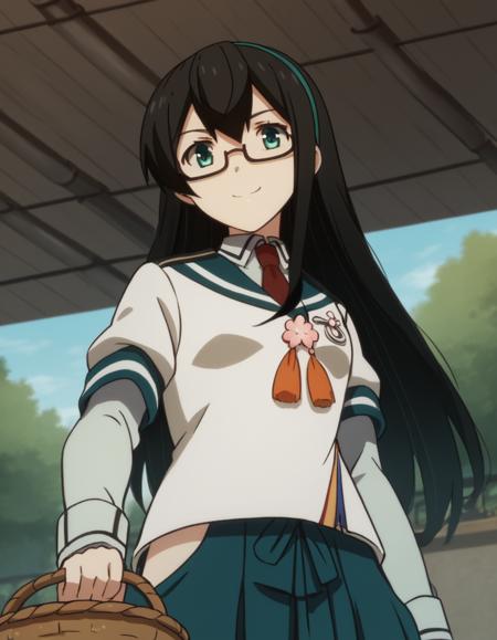 ooyodo, long hair, blue eyes, black hair, green eyes, hairband, glasses, semi-rimless eyewear, under-rim eyewear, ooyodo (kancolle) skirt, long sleeves, school uniform, pleated skirt, necktie, serafuku, sailor collar, blue skirt, red necktie, hip vent,