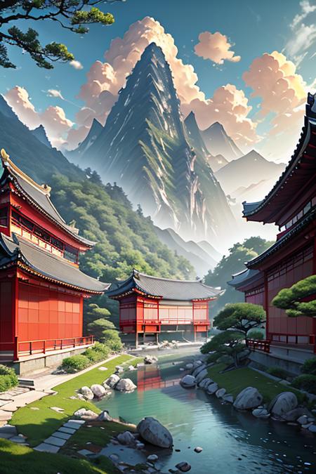 rchahua, east asian architecture, scenery, architecture, water, outdoors, tree, day, cloud, sky, mountain, waterfall, building, pagoda, river, bridge, blue sky, grass, multiple boys, shrine, nature, chinese style architecture,
 <lora:rchahuav1-loha-000009:1>