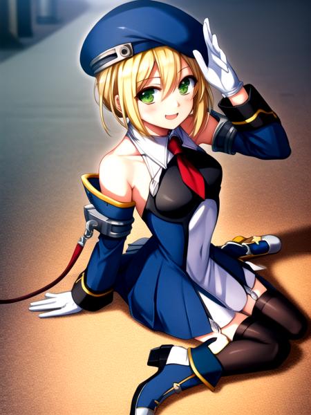 (symmetric, highres, absurdres, novel illustration, promotional art, game cg, exceptional, best aesthetic, best quality, masterpiece, extremely detailed, center frame:1.0), noel vermillion, solo, green eyes, blonde hair, short hair, beret, collared dress, detached sleeves, white gloves, boots, blue footwear,  outdoors, light smile, from above, ((wariza)),    <lora:noel vermillion (calamity trigger):1>