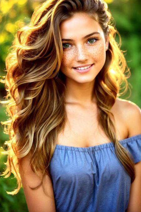 1girl, solo, long hair, brown hair, beautiful, breasts, fit body, detailed eyes, perfect face, smile, teeth, beautiful eyes, legs, medium breasts, looking at viewer, looking at viewer, bare shoulders, green eyes, upper body, parted lips, teeth, lips, freckles, curly hair
side view, portrait, blue background, (8k, RAW photo, dslr, hdr, highest quality), (highest quality), (realistic shadow), intricate details, muted colors, professional, soft volumetric lighting, depth of field, film grain, smooth, roughness, real life, photographed on a Canon EOS R5, 50mm lens, F/2.8