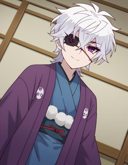 <lora:oboro-shintou-s1-ponyxl-lora-nochekaiser:1>, oboro shintou, purple eyes, white hair, eyepatch, japanese clothes, kimono, blue kimono, haori,