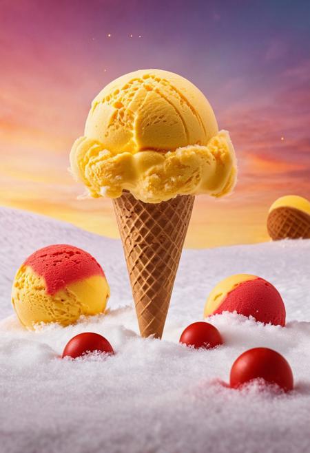 vibrant glowing icecream with one balls yellow, one balls brown and one balls red, in the style of a product hero shot in motion, dynamic magazine ad image, photorealism, sleep and mystical elements around the background, in the background a snowy landscape