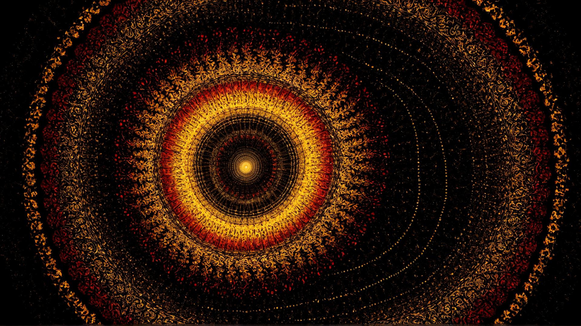 A spiral of glowing fractal patterns, expanding infinitely in all directions. The patterns glow with vibrant reds and yellows, casting shimmering reflections onto a glossy surface below. The background fades into a deep black void., Photorealistic, Hyperrealistic, Hyperdetailed, analog style, soft lighting, subsurface scattering, realistic, heavy shadow, masterpiece, best quality, ultra realistic, 8k, golden ratio, Intricate, High Detail, film photography, soft focus