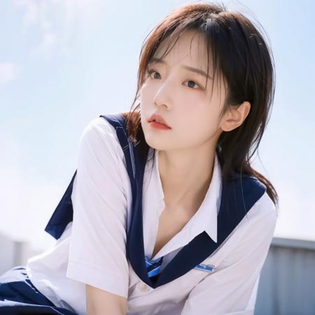 parameters: "blue sky,1girl,solo,school uniform,chengguo,best quality,small breasts,skinny,sad, look to the audience, warm light, extreme light, realistic, 8K,