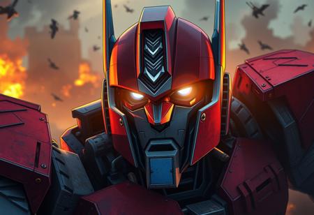 Create a close-up image of Optimus Prime, a robot in a war-torn environment, with a spotlight effect, inspired by Pietro da Cortona and 80s cartoon style, with micro details and lifelike features, adhering to the golden ratio, in the style of James Cowie, with a cult classic comic aesthetic, set on cobblestone floors.