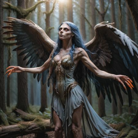 highly detailed glamour photo of harpy:1.0,

solo, long hair, wings, ((orange eyes)), ((claws)), blue hair, 1girl, breasts, outstretched arms, ((forest)), depth of field, 8k, intricate details


masterpiece, 

(edge lighting:1.2),
(shadow play:1.0),
(photorealistic:1.2),
