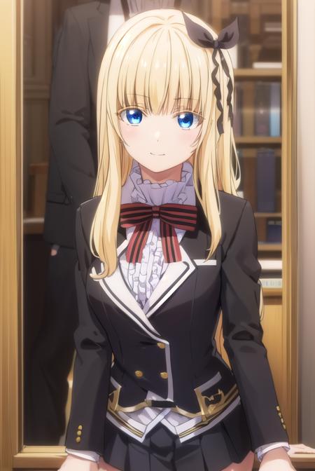 julietpersia, <lora:juliet persia s1-lora-nochekaiser:1>,
juliet persia, long hair, bangs, blue eyes, blonde hair, black ribbon, black bow, hair ribbon, hair bow, smile,
BREAK skirt, shirt, thighhighs, long sleeves, school uniform, jacket, white shirt, pleated skirt, shoes, striped, miniskirt, bowtie, black skirt, red bow, zettai ryouiki, black ribbon, garter straps, blazer, (white jacket:1.5), striped bow, striped bowtie,
BREAK indoors, classroom,
BREAK looking at viewer, (cowboy shot:1.5),
BREAK <lyco:GoodHands-beta2:1>, (masterpiece:1.2), best quality, high resolution, unity 8k wallpaper, (illustration:0.8), (beautiful detailed eyes:1.6), extremely detailed face, perfect lighting, extremely detailed CG, (perfect hands, perfect anatomy),