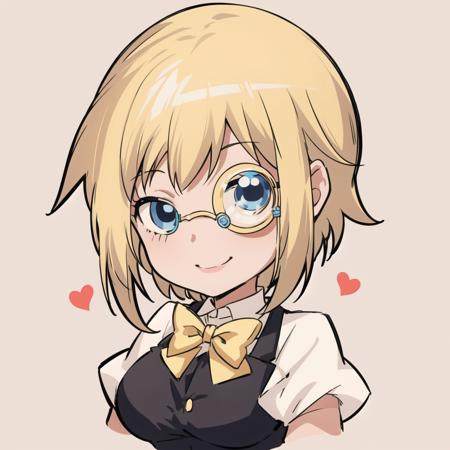 1girl, solo, blue eyes, shirt, monocle, large breasts, blonde hair,bowtie, upper body, <lora:LisaKuraki:0.6>, smile, <lora:jokanhiyou:0.6>, chibi