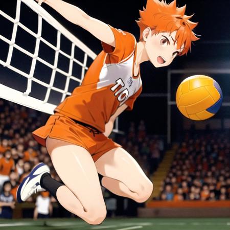 <lora:Shoyo Hinata:0.6>,Shoyo Hinata,ultra detailed face,1boy,playing voleyball,spiking the ball in air,over the net,jumping,short orange hair,volleyball outfit,focused look,side view,short neck,pointy chin,cat eyes,full body,receving the ball with his hands,crow fethers behind him falling down,jumping in the air