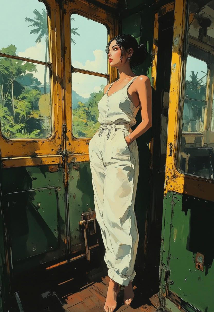 Soft afternoon light streams through a large French train window, its golden wooden frame, devoid of glass, offering a view of an Indonesian jungle with lush greenery and palm trees. In the middle of the train car, a woman with her black hair styled in an updo leans against the long window, wearing a flowing white linen jumpsuit and gazing at the view. The floor of the old carriage is made of dark wood, and the carriage itself is dark green.Sunlight gently illuminates the colors of the room. The shadows of the train window stretch across the worn dark floorboards, creating a tranquil rhythm of light and shadow. Everything the long gilded train window, the aged wood, the graceful drape of her jumpsuit, and the breathtaking view of the jungle is unique., whimsical, fantastic, splash art,  hyperdetailed, maximalist style, photorealistic, concept art, harmony, serenity, soft pastell colors,ambient occlusion, cozy ambient lighting, whispered, unseen secrets, fantasy, dreamlike, surrealism,  dreamy, cinematic, trending on ArtStation, captivating, fantastical, splash art, photorealistic, harmony,  superb composition, hyper-detailed, romance, whispered, unseen secrets, fantasy, dreamlike, surrealism, sharp focus, rich in detail, cinematic, trending on ArtStation, captivating, fantastical, splash art, photorealistic, mysterious glow, masterpiece, award-winning, pingtu style, illustration-fen, InkWatercolor style sketch., InkWatercolor style sketch with accentuated linework. barefoot