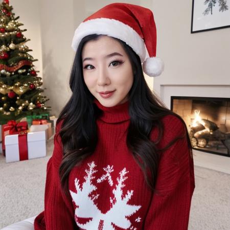 <lora:fuslie_sd15_512_128_64_v1:1> picture of fuslie long dark black hair, 1girl wearing red christmas santa hat,  wearing a turtleneck sweater, cozy fireplace in background, christmas decoration in background,