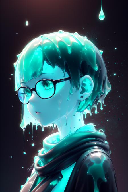 <lora:MintSlimeSkin3:1>, mintslimeskin , luminescent translucent body ,
1girl,portrait, 
black glasses,ear piercings, gray scarf,
sides wept bangs,pixiecut, longbang, (very short hair:1.2), straight hair , (buzz cut:0.8), bob cut
light blue hair, light blue hair , green eyes, glowing eyes,