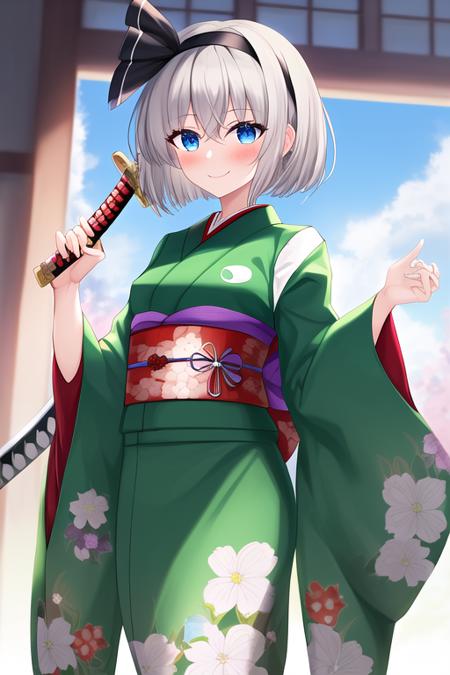 masterpiece, best quality, highres, solo, {konpaku_youmu_touhou:1.10}, short_hair, ribbon, hairband, black_hairband, hair_ribbon, white_hair, black_ribbon, bangs, sword, katana, vest, blue_eyes, green_vest, hitodama, bow, sheath, grey_hair, 1girl, alternate_costume, japanese_clothes, kimono, long_sleeves, looking_at_viewer, obi, sash, wide_sleeves, floral_print, blush, colored_eyelashes, cowboy_shot, green_kimono, hair_between_eyes, smile, standing