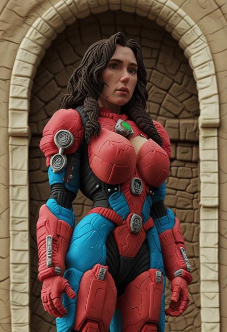 (novuschroma51 style:3.9), clay dress, cyborg, red gloves, Realism_Quality_2xx_By_Stable_Yogi, (cathedral:2), outdoors, standing, 1woman, solo, rearview, long hair,  one eye covered by hair, eyeliner, gorgeous lips, cleavage, cinematic, (masterpiece), (best quality), (ultra-detailed), very aesthetic, detailed eyes, perfect eyes, freckles, aloof, wide dress, long dress, key visual, small waist, fitness body, (wide hips:2.6), oval face, 32 years old, covered body, top hourglass figure, censored, beautiful high-neck top, instagram_Influencer_33_By_Stable_Yogi, J1ll V4l3nt1n3, mad-hvybdyarmr, helmet, visor, add-detail-xl, future, city, (massive breasts:2.4).