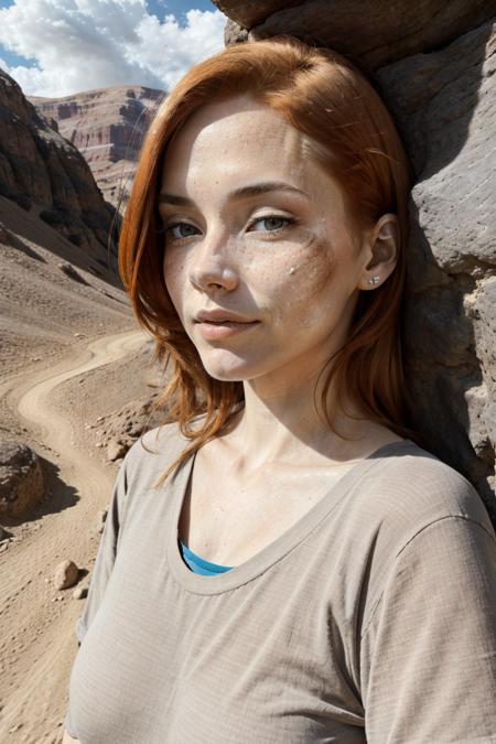 happy redhead woman adventurous hiker, walking in sandstone valley, cinematic scenic view, lush nature <lora:sandstonenatural-medium:0.35> <lyco:Cloudify:.1> clean face, 8k uhd, high quality,  film grain, looking at viewer, portrait, (skin pores:1.2), (moles:0.8), (imperfect skin:1.1), intricate details, goosebumps, flawless face, ((photorealistic):1.1), (raw, 8k:1.2), hyper realistic, HDR, cinematic, dark, muted colors, atmosphere, ((macro lens))