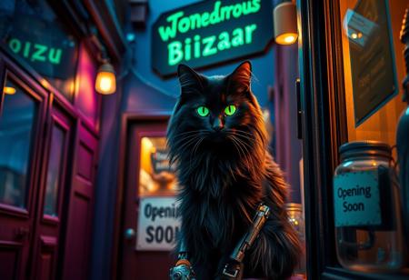 Highly detailed, 4k. A mystical long haired black cat with glowing neon green eyes with and ethereal glow that has cybernetic prosthetic limbs . Located in a back ally with lights in rich blues, teals, and purples, suggesting a mysterious environment creating a dreamlike, ethereal atmosphere. Off in the distance the cat sits in a shop window that has sign above the shops door that reads " The Wondrous Bizzar" On the door hangs a sign that reads " Opening Soon". The cat’s bright, piercing eyes draw attention to the shop that's off in the distance. Beside  the bottom of the shop door is a clear jar that has "buzz" written on it. The Shop seems to be filled with strange prosthetic parts that appear to be otherworldly.