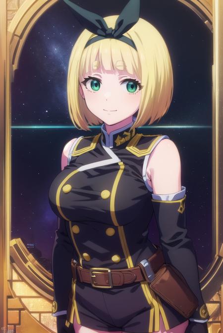 shushu suruga, short hair, bangs, hair ribbon, hairband, blunt bangs, thick eyebrows, (green eyes:1.3), yellow hair, gloves, shorts, elbow gloves, belt, buttons, military uniform, military, bare shoulders, black military uniform,