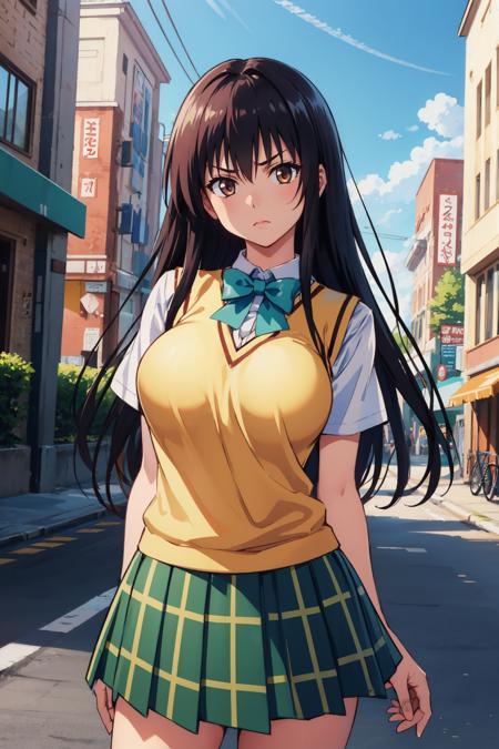 masterpiece, best quality, <lora:kotegawayui-nvwls-v1-000009:0.9> defYui, yellow sweater vest, white shirt, short sleeves, green bowtie, plaid miniskirt, large breasts, outdoors, cityscape, blue sky, annoyed, looking at viewer, cowboy shot, head tilt