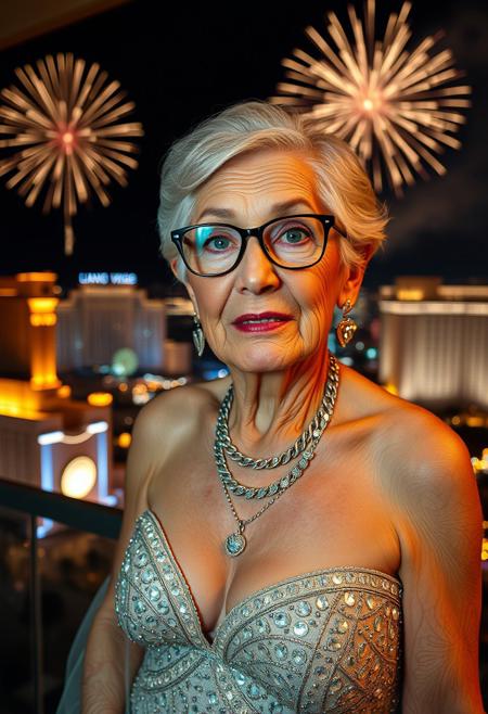 masterpiece, amazing quality, detailed cinematic image, photorealistic front portrait, directional lighting.
photo of a thin, elderly Puerto Rican woman with wrinkles, silver haired soccer mom hairstyle, reading glasses, wearing an elegant bedazzled evening gown, earrings, necklaces, lace stockings, high heels, hotel balcony overlooking Las Vegas at night, city lighting. 
Perfect Composition, photorealistic image, highest quality, masterpiece, ultra 8k, directional lighting, highly detailed face, high contrast, fireworks explode over the las vegas skyline.