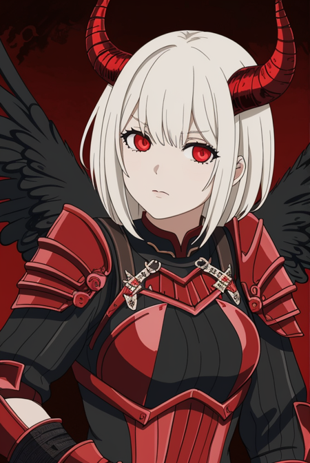 woman, black wings, horns, red armour,