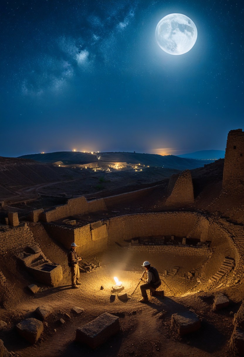 Night Atmosphere,full moon, under starry night sky, an archeologist working at gobekli tepe dig site, cinematic, trending on ArtStation, masterpiece, Award winning