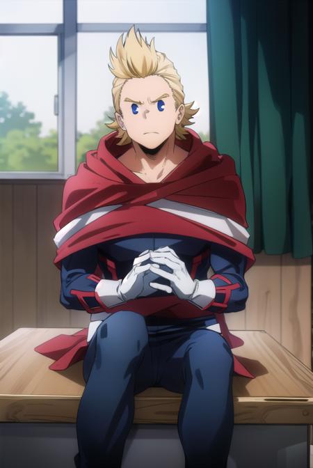 mirio, <lyco:mirio-lyco-nochekaiser:1>,
mirio, short hair, blonde hair, spiked hair,
BREAK gloves, boots, pants, cape, bodysuit, white footwear, red gloves, red cape, blue pants, superhero,
BREAK looking at viewer, upper body,
BREAK indoors, classroom,
BREAK <lyco:GoodHands-beta2:1>, (masterpiece:1.2), best quality, high resolution, unity 8k wallpaper, (illustration:0.8), (beautiful detailed eyes:1.6), extremely detailed face, perfect lighting, extremely detailed CG, (perfect hands, perfect anatomy),