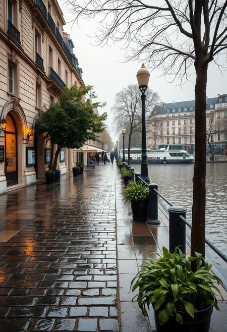A beautifully lit and composed professional photograph in paris on the Port de Montebello along the river seine, wet cobblestones, high resolution, early morning rain, weathered limestone and wood, fine details of plants and trees, ultra realistic modern day scene,