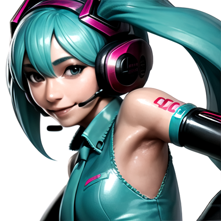 <lora:futurefight3:1>, 1girl, solo, hatsune miku, mecha musume, headset, smile, face_focus, armpits, simple background, white background,