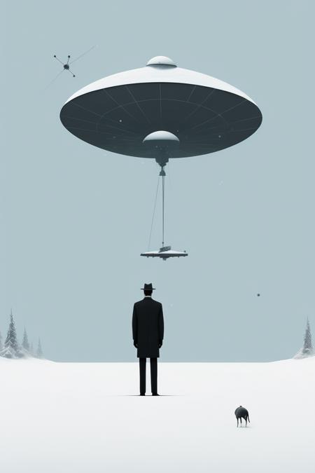 <lora:Alex Andreev style:1>Alex Andreev style - a minimal poster of a mysterious man in a suit holding a gun infront of a satellite dish in snow