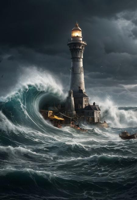 A massive tsunami ravages a flooded cityscape, with boats tossed about like toys. A majestic lighthouse stands tall amidst the chaos, its beam cutting through the darkness. Every element is rendered in meticulous detail, from the intricately textured waves to the meticulously crafted boats. The focus is sharp, with an insane level of depth, showcasing even the smallest details in photorealistic clarity. The background is a detailed, cinematic masterpiece, with Ultra HD and HDR technologies combining to create a breathtakingly realistic scene. hyper-realism, realistic, masterpiece, intricate details, best quality, highest detail, professional photography, detailed background, depth of field, insane details, intricate, aesthetic, photorealistic, extreme depth of field, Ultra HD, HDR, DTM, 8K