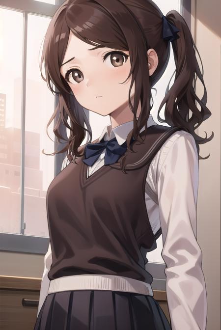 saenakata, <lora:saenakatatest:1>, sae nakata, brown hair, hair ribbon, (swept bangs:1.5), twintails, (brown eyes:1.5),
BREAK kibito high school uniform, school uniform, sweater vest,,
BREAK looking at viewer,
BREAK indoors, classroom,
BREAK <lora:GoodHands-vanilla:1>, (masterpiece:1.2), best quality, high resolution, unity 8k wallpaper, (illustration:0.8), (beautiful detailed eyes:1.6), extremely detailed face, perfect lighting, extremely detailed CG, (perfect hands, perfect anatomy),