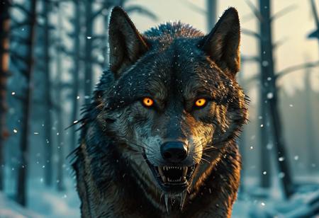 cyberpunk, distopic future, bladerunner 2049. very detailed and complex biomechanical wolf gazing at viewer, about to hunt, (night snow forest:1.5), intimidating big amber eyes, (hunt position:1.5), bioluminicense wires, hard edges, opaque gray color, dirty, rusty, fangs, (intricate details:1.5), (detailed paw:1.2), (growling:1.5). Scify, otherworld, bladerunner 2049. (POV, frontal, medium shot), (Camera canon eos r6 mark ii, len 35mm, f1.6). Cinematic, cinematic lighting, dimsy lit, volumetric light. High-quality, hyperdetailed, intricate details, realistic, perfect composition, intriguing glowing eyes, 8K, UHD, HDR. easynegative