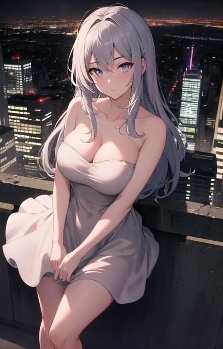 masterpiece, best quality, aesthetic, 1girl, solo, green eyes, gray hair, low-tied long hair, pink dress, tube dress, strapless dress, bare shoulders, large breasts, (cowboy shot), looking at viewer, from above, (cityscape), night, cinematic lighting, professional shadow