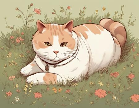 a fat  cat lying in grass,   jsmn style <lora:jsmnStyle:1>