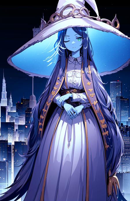 ranni the witch, one eye closed,  witch hat, dress, (extra arms:1.2), solo, ring, fur cloak, white dress, large hat, white headwear, blue lips <lora:ranni_v1-000008:0.8>masterpiece, best quality, ultra-detailed, city, street, gothic, steampunk, illustration, 1girl, (solo), platinum long hair, boots, from behind, vintage, antique, brass, metal, gears, machinery, ornate, elegant, classic, sophisticated, refined, poised, contemplative, thoughtful, curious, mysterious, enigmatic, magical, watchful, intelligent, bookish, contrast, perspective, depth, texture, detail, realism, impressionistic, expressionistic, abstract, surrealistic, innovative, experimental, unique, atmosphere, ambiance, mood, nostalgia, historical, cultural, technological, industrial, fantasy, imagination, creativity, artistry, craftsmanship, skill, precision, detail, composition, balance, harmony, rhythm, colorful, darker, reflection, refraction, foreground, middle ground, background, vanishing point, horizon line, focal point, naturalistic, figurative, representational,