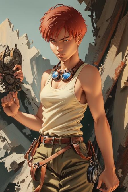 1girl, Glace, short hair, red hair, tank top, goggles around neck, brown pants