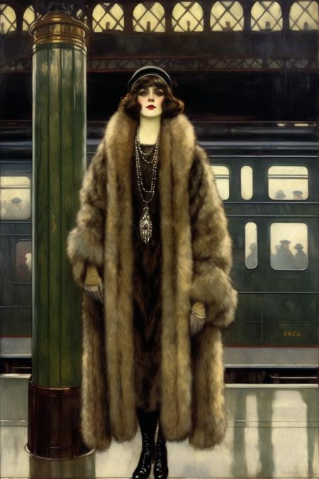 <lora:Paul Gustav Fischer Style:1>Paul Gustav Fischer Style - Pre-Raphaelite realism. 1920s woman in a fur coat standing alone and waiting on the train platform inside a 1920s belleau-art train station. Gothic. Gloom. Occultism. Phantasmagoria