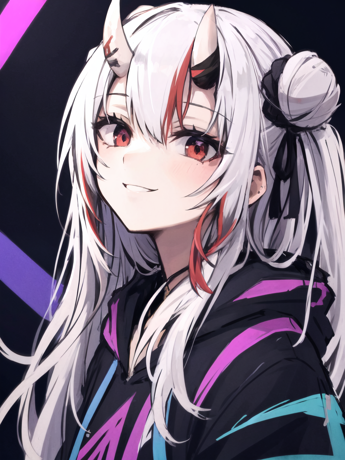 detailed background, masterpiece, best quality, smile, nakiri ayame, streaked hair, oni horns, white hair, twin buns, red ...