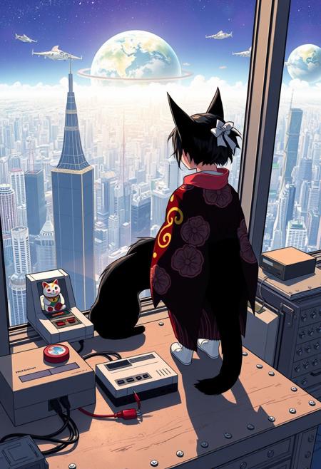Jiji the cat from Kiki's Delivery Service sits on a cluttered metal riveted desk next to a maneki neko statue and a small Nintendo NES, Jiji is looking out of a floor to ceiling window that looks out at a very high view from an apartment on the 300th floor of a futuristic Tokyo skyscraper, the year is 2250, The city has thousands of enormous skyscrapers and space ships in the sky, (((Kiki from Kiki's Delivery Service, 20 years old, is standing next to the cat looking out at planet below))), Kiki is dressed in an ornate Japanese style bath robe.  The woman's hair is messy from just waking up and tied up with a ribbon. Artistic cyberpunk, dynamic perspective, The focus is on Jiji and Kiki standing together looking out the window at the view together,